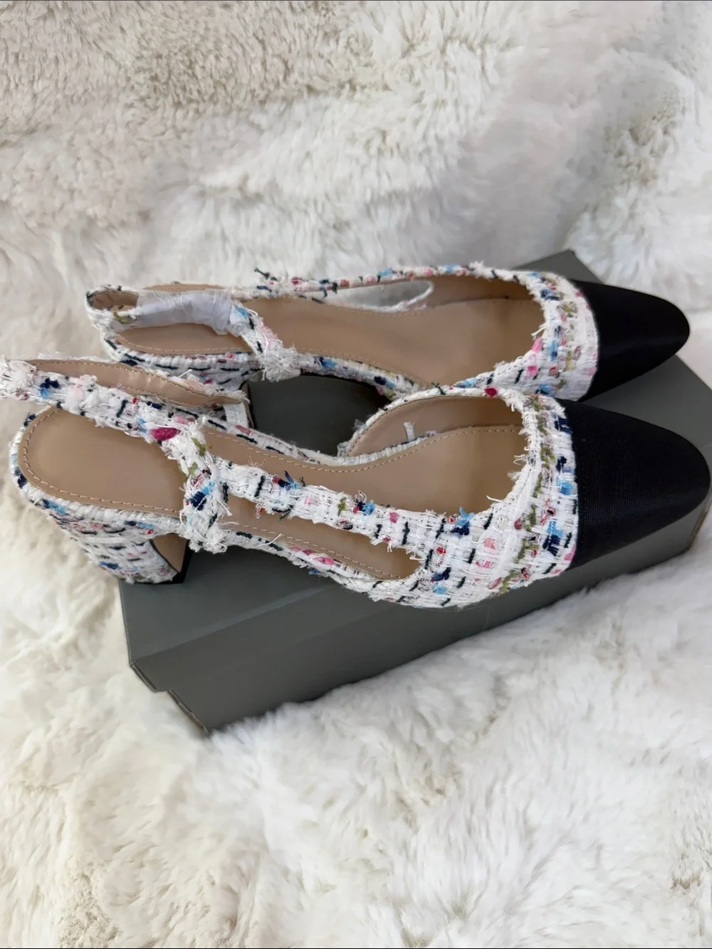 Amazon White Multicolor Tweed Slingback Heels with Black Cap Toe